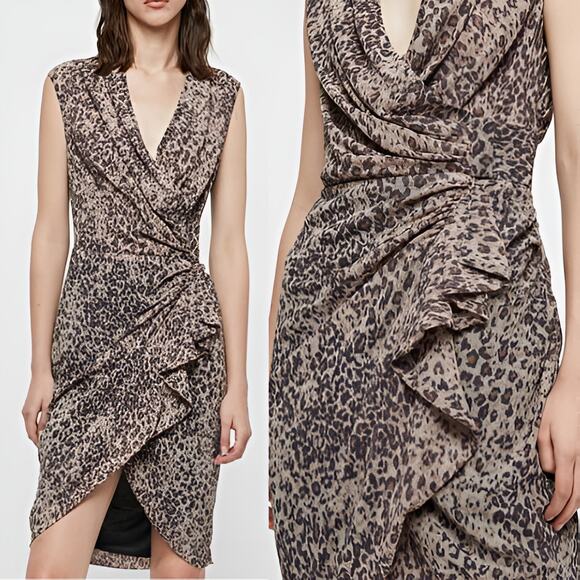All Saints Cancity Dress Ruffled Faux Wrap Leopard Print Size 8